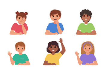 Set of cute smiling children, school boys and girls, pupils. Vector illustration in flat style