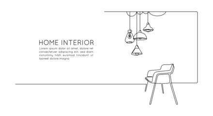 Aufkleber - Continuous one line drawing of armchair with hanging loft lamps chandeliers. Scandinavian stylish furniture for living room concept in simple linear style. Editable stroke. Doodle vector illustration