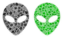 Ecology Alien Face Icon Composition Of Floral Leaves In Green And Natural Color Tinges. Ecological Environment Vector Template For Alien Face Icon.