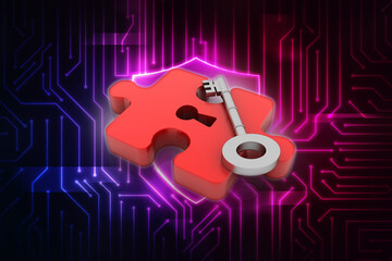 Sticker - 3d illustration Jigsaw puzzle with key
