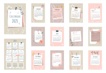 2023 Calendar. Cover, Set Of 12 Months Pages And Page With 2024 Calendar. Pieces Of Papers, Colorful Flowers, Flowers Contours In Flat Style. Week Starts On Sunday. Vector Illustration.