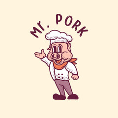 Wall Mural - chef dress pig mascot illustration in vintage style