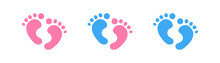 Baby Shower Feet. Boy And Girl Birth Symbol. Blue And Pink Color In Vector Flat