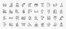 Set Of 40 Humans Icons In Outline Style. Thin Line Icons Such As People Trading, Gardener With Hat, Out, Fitness Exercises, Carrying On Back, Give Over, Proud Pose, Showering, Cooker Couple, Sitting
