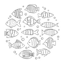 Set Of Cute Sea Fish Doodle. Underwater World In Sketch Style. Hand Drawn Vector Illustration Isolated On White Background.