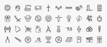 Set Of 40 General Icons In Outline Style. Thin Line Icons Such As Rewind Time, Hose With Drops, Live Paint, Office Cabinet, Heart Between Hands, Man With Open Arms, Brush History, Shopping Trolley,