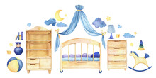 Baby's Room Furniture And Toys. Set Decorative Elements. Cabinet, Chest, Bed, Canopy. Cloud Moon And Star. Hand Painted Watercolor Illustration. Colorful Sketchy Drawing On White Background