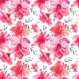 Fototapeta Sypialnia - Tropical seamless pattern with watercolor botany. 
Pink hibiscus flowers and green branches. Floral background for fabric, wallpaper, wrapping paper