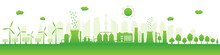 Environmentally Friendly Production. Green Energy With Wind Energy And Solar Panels. Silhouette Of Green City. Think Green. Vector Illustration.