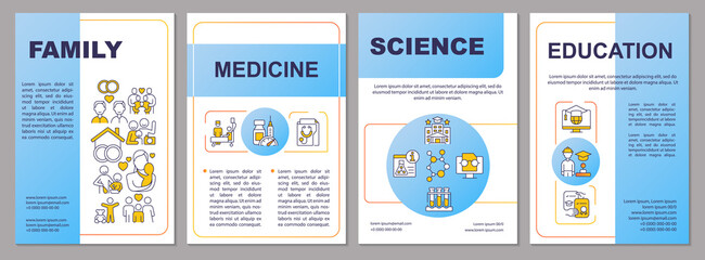 Social institutions examples blue brochure template. Behavior pattern. Leaflet design with linear icons. 4 vector layouts for presentation, annual reports. Arial-Black, Myriad Pro-Regular fonts used
