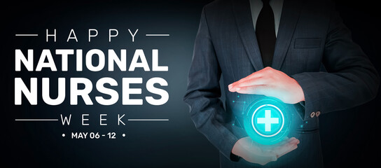 National Nurses Week is celebrated around the United States in May every year. The Celebration marks the contributions of nurses to the world. Man holding glowing health sign background