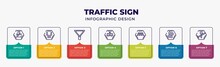 Traffic Sign Infographic Design Template With Steep Descent, Wide Road, Yield, Tram, Zebra Crossing, Winding Road, Straight Prohibitor No Entry Icons And 7 Option Or Steps. Can Be Used For Web,