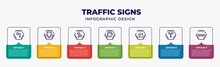 Traffic Signs Infographic Design Template With Turn Left, Cattle, Straight, Turn With Advisory Speed, Slope, Y Intersection, Skateboard Icons And 7 Option Or Steps. Can Be Used For Web, Banner,