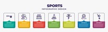 Sports Infographic Design Template With Fishing Net, Skibob, Starting Line, Meditation Yoga Posture, Winning The Race, Awards, Man Playing Tennis Icons And 7 Option Or Steps. Can Be Used For Web,