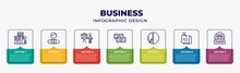 Business Infographic Design Template With Corporation, Man With Solutions, Graphic Panel And Man, Dollar Bills, Pie Graphic, Post It, Work Parteners Icons And 7 Option Or Steps. Can Be Used For Web,