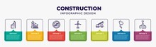 Construction Infographic Design Template With Towers, Wat Maha That, No Camera, Wind Energy, Crane Truck, Thailand, Weightlifter Icons And 7 Option Or Steps. Can Be Used For Web, Banner, Layout,