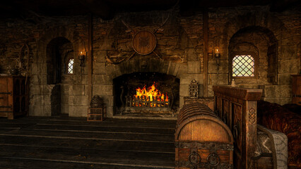 Wall Mural - Bedroom with open fireplace in an old medieval inn or house. 3D rendering.
