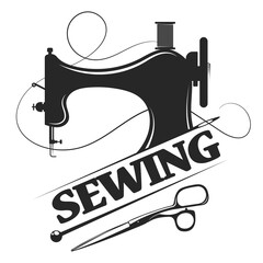 Wall Mural - Symbol for sewing and cutting. Hand sewing machine silhouette. Needle scissors and thread sewing design