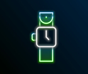 Sticker - Glowing neon line Wrist watch icon isolated on black background. Wristwatch icon. Colorful outline concept. Vector