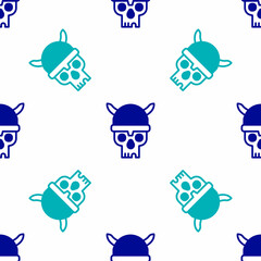 Sticker - Blue Skull with viking helmet icon isolated seamless pattern on white background. Happy Halloween party. Vector