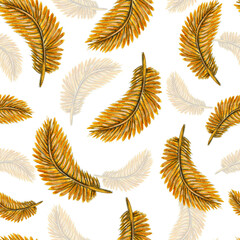  Watercolor pattern golden feather bird on a white background for your luxury design seamless hand drawn