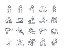 Chiropractic Line Icon Set. Minimalistic Stickers With Spine, Massage, Bone And Joint Restoration And Scoliosis. Medicine And Treatment. Cartoon Flat Vector Collection Isolated On White Background