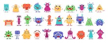 Monster Super Big Icon Set. Stickers With Scary Or Funny Characters For Halloween. Cute Smiling Head With Sharp Teeth, Fangs And Horns. Cartoon Flat Vector Collection Isolated On White Background