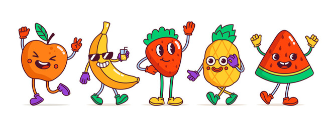 Wall Mural - set of funny fruit characters. stickers with apple, banana, strawberry, pineapple and watermelon wit