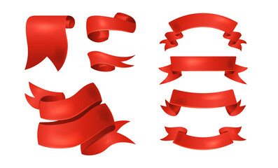 Wall Mural - realistic set of red ribbons. 3d stickers with beautiful ribbons of curved and twisted shape. design