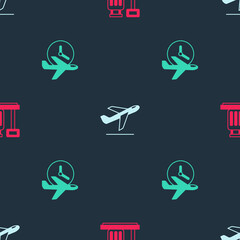 Sticker - Set Scale with suitcase, Plane takeoff and Flight time on seamless pattern. Vector