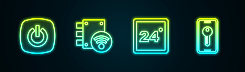 Wall Mural - Set line Smart home, Digital door lock, Thermostat and key. Glowing neon icon. Vector