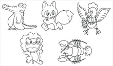 Cute Design Animal Outline Vector Set 37 ( Chicken Shrimp Lion Squirrel Crocodile )