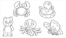 Cute Design Animal Outline Vector Set 44 ( Squid Butterfly Crab Bear Snake )