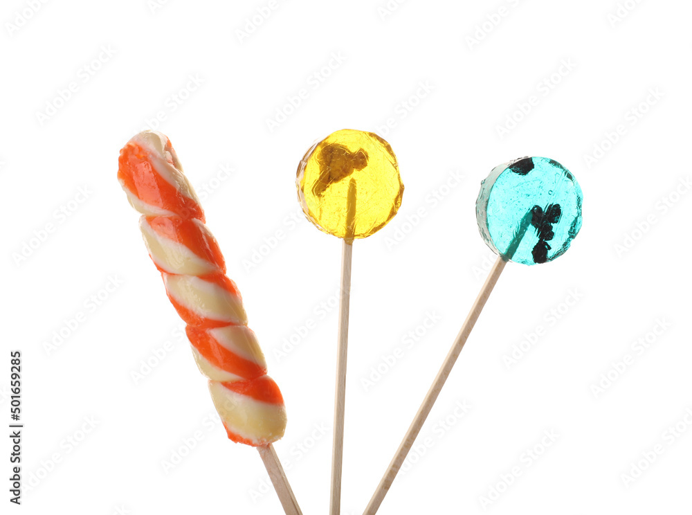 Sweet lollipops isolated on white background, closeup