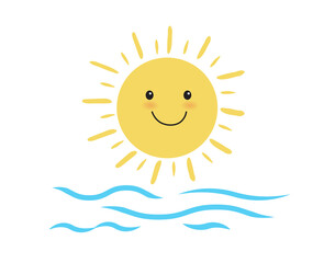 Cute sun smiling and sea waves. island and sea beach. holiday or tropical Concept. Vector illustration