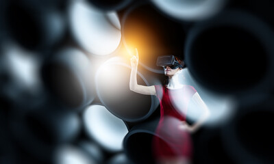 Wall Mural - Woman wearing virtual reality goggles
