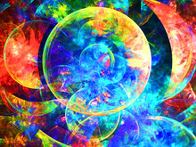 Composición De Arte Fantástico Digital Consistente En Círculos Translúcidos Solapados En Colores Brillantes Sobre Fondo Negro En Un Todo Que Aparenta Ser Células Anidadas Despertando A La Vida.