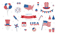 Set Of Icons For Independence Day Of USA. Costumes And Traditional Elements For 4th Of July Celebration. National Freedom Day. Vector Illustration In Cartoon Style.