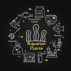 Aquarium plants vector linear black illustration. Circular outline design for pet shop