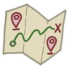 Wall Mural - Cartoon doodle of a road paper map of a treasure hunt. Simple vector color flat icon isolated on transparent background