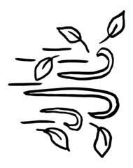 Wall Mural - Black and white vector rough sketch of leaves flying in the wind. Hand-drawn outline doodle isolated on transparent background
