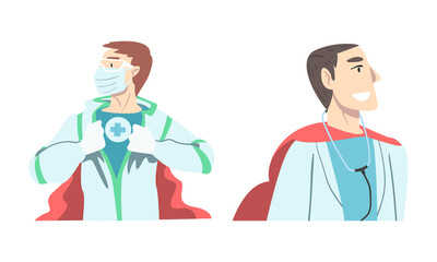 Canvas Print - Doctor Hero with Male Medical Staff in Uniform and Superhero Cloak Vector Set