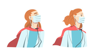 Sticker - Doctor Hero with Female Medical Staff in Uniform and Superhero Red Cloak Vector Set