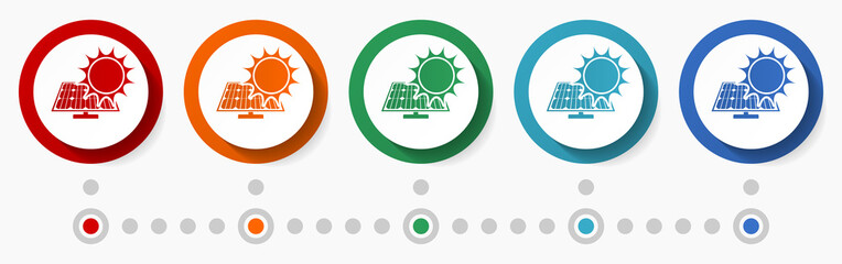 Fototapete - Photovoltaic power concept vector icon set, infographic template, flat design circle colorful web buttons in 5 color options