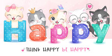 Cute Little Kitty With Happy Alphabet Illustration