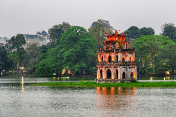 Poster - Awesome evening view of the Turtle Tower, Hanoi, Vietnam