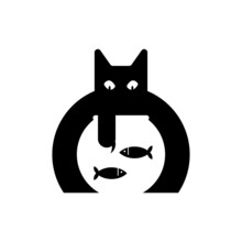 Cat And Aquarium. Cat Watching Fish In Aquarium. Vector Illustration
