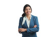 Young Venezuelan businesswoman smiling and looking at camera. Isolated over white background.