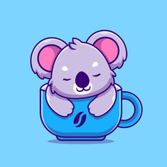  Cute Koala Sleeping In The Cup Coffee Cartoon Vector Icon Illustration. Animal Food Icon Concept Isolated Premium Vector. Flat Cartoon Style