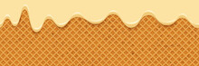 Сream Melted On Waffle Background. Seamless Pattern Sweet Icecream Flowing Down On Cone. Glaze Or Caramel Dripping On Wafer Texture Backdrop. Vector Illustration